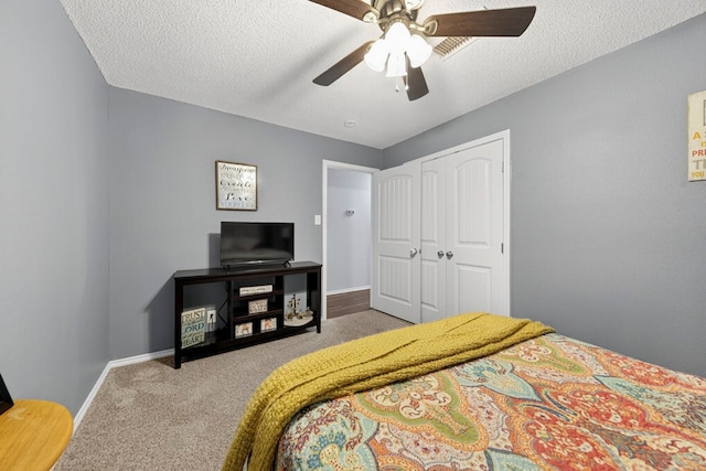 4901 Chon Cv, Midland, TX 79707 - carpeted bedroom with a textured ceiling, a closet, and a ceiling fan