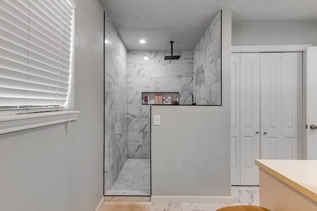 3906 Lehigh Dr, Midland, TX 79707 - full bathroom with marble look tile flooring, a closet, a marble finish shower, baseboards, and recessed lighting