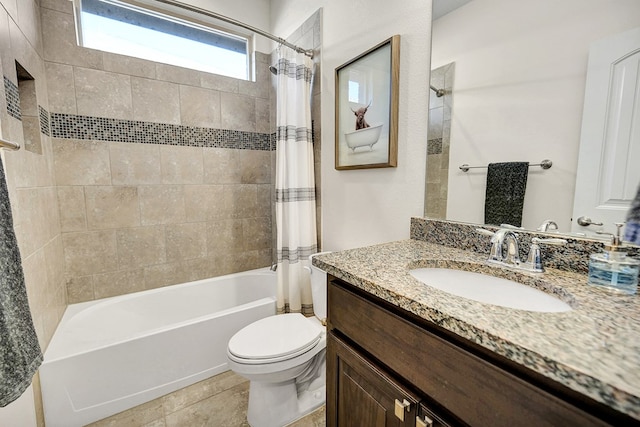 full bathroom with vanity, toilet, tile patterned floors, and shower / tub combo with curtain