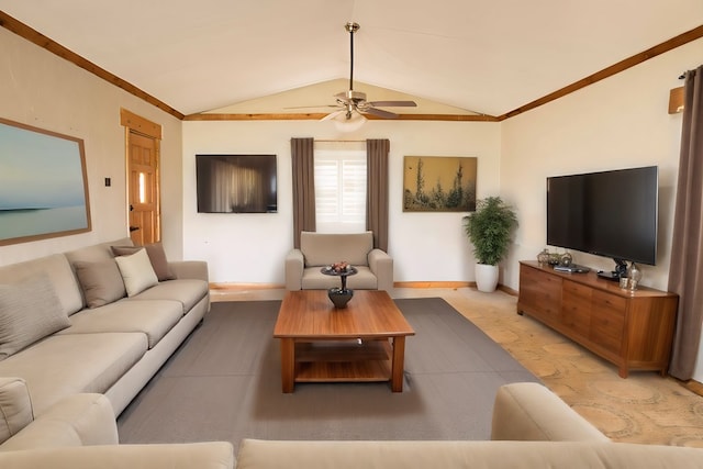 living room featuring crown molding, ceiling fan, and lofted ceiling