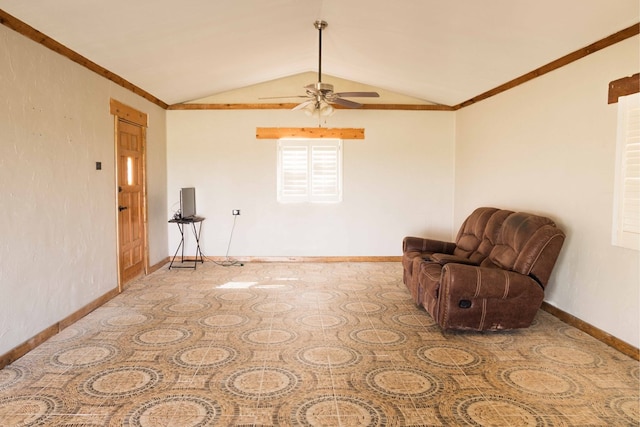 living area featuring light colored carpet, vaulted ceiling, ceiling fan, and crown molding