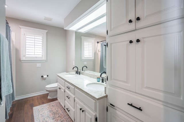 bathroom featuring vanity, wood-type flooring, and toilet