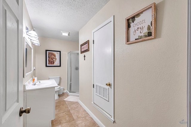 3409 Wedgwood, Midland, TX 79707 - full bathroom featuring vanity, toilet, a textured ceiling, tile patterned floors, and a shower stall