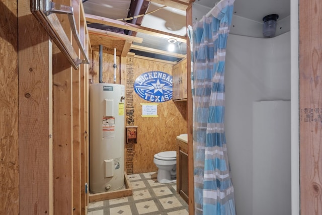 bathroom with vanity, toilet, curtained shower, and water heater