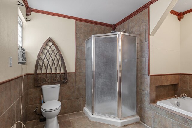 15103 E County Rd 106, Midland, TX 79706 - full bath featuring tile walls, a stall shower, a garden tub, ornamental molding, and a wainscoted wall