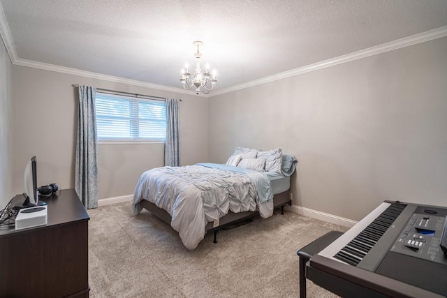4508 Island Dr, Midland, TX 79707 - bedroom with a chandelier, crown molding, light colored carpet, a textured ceiling, and baseboards