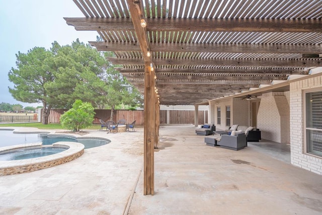 4508 Island Dr, Midland, TX 79707 - fenced backyard with an outdoor living space, a pergola, a patio area, and a ceiling fan