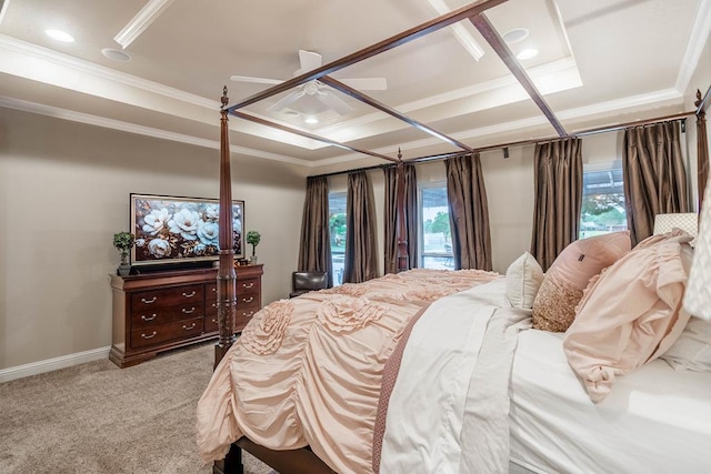 4508 Island Dr, Midland, TX 79707 - bedroom with light carpet, crown molding, baseboards, ceiling fan, and access to exterior