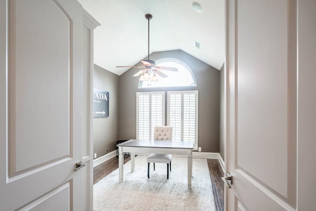 4508 Island Dr, Midland, TX 79707 - office area with a ceiling fan, vaulted ceiling, wood finished floors, and baseboards