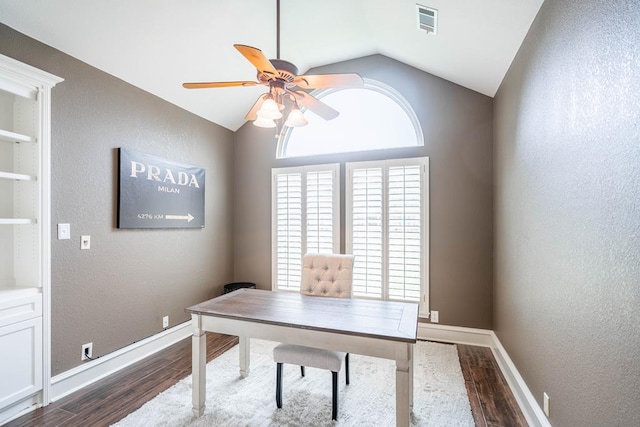 4508 Island Dr, Midland, TX 79707 - office area featuring ceiling fan, dark wood finished floors, lofted ceiling, a textured wall, and baseboards