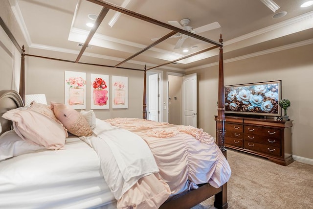 4508 Island Dr, Midland, TX 79707 - bedroom featuring light colored carpet, ornamental molding, and a ceiling fan