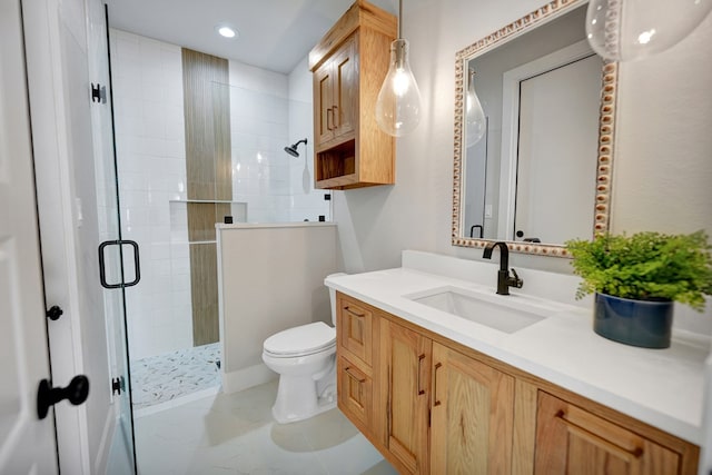 bathroom with vanity, a shower with door, and toilet