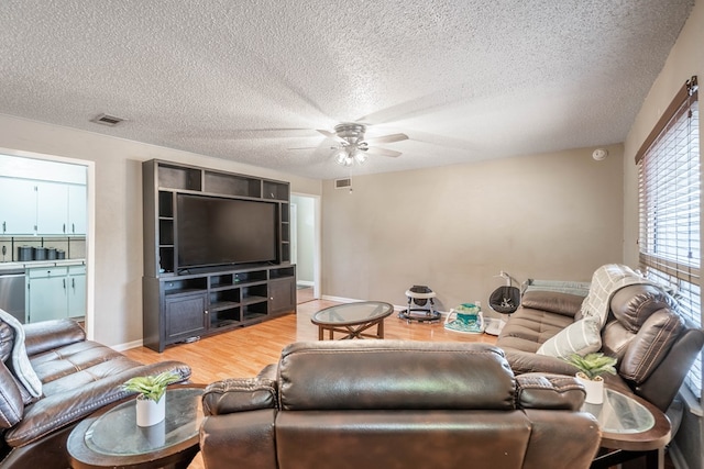 807 Boyd Ave, Midland, TX 79705 - living area with a ceiling fan, a textured ceiling, visible vents, and light wood-type flooring
