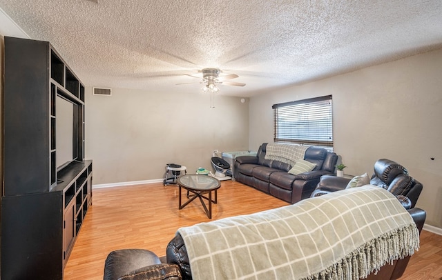 807 Boyd Ave, Midland, TX 79705 - living room with a textured ceiling, light wood-style flooring, a ceiling fan, baseboards, and visible vents