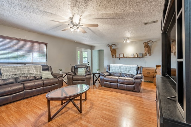 807 Boyd Ave, Midland, TX 79705 - living room featuring a textured ceiling, visible vents, ceiling fan, and light wood-style floors