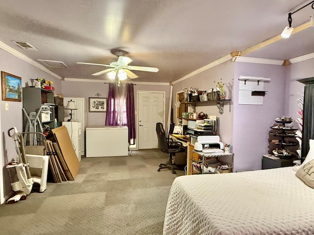 311 Kessler Ave, Midland, TX 79701 - bedroom with carpet floors, a desk, ornamental molding, and a ceiling fan