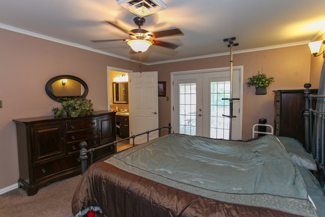bedroom with french doors, visible vents, crown molding, baseboards, and carpet