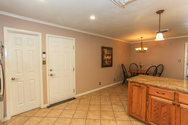 kitchen with hanging light fixtures, a chandelier, light tile patterned floors, visible vents, and ornamental molding