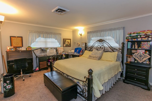bedroom with crown molding, carpet flooring, and visible vents