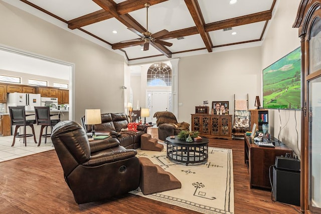 4000 Baybrook Dr, Midland, TX 79707 - living room with coffered ceiling, ceiling fan, beamed ceiling, dark wood-type flooring, and recessed lighting