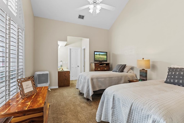 4000 Baybrook Dr, Midland, TX 79707 - bedroom with carpet floors, high vaulted ceiling, a ceiling fan, and baseboards