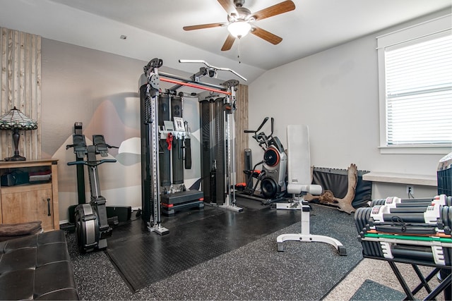 workout area with vaulted ceiling and ceiling fan