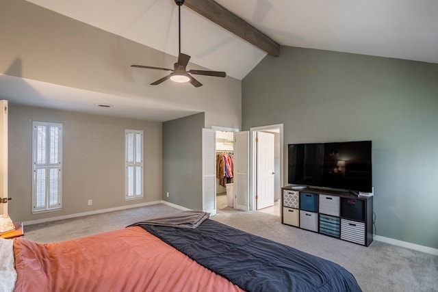 bedroom featuring beam ceiling, baseboards, and carpet flooring