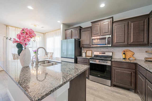 7009 Mcpherson Ln, Midland, TX 79706 - kitchen featuring appliances with stainless steel finishes, a sink, dark brown cabinets, backsplash, and stone countertops