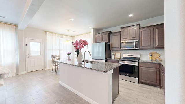 7009 Mcpherson Ln, Midland, TX 79706 - kitchen with appliances with stainless steel finishes, a sink, decorative backsplash, a kitchen island with sink, and light stone counters