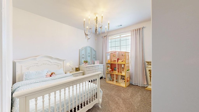 7009 Mcpherson Ln, Midland, TX 79706 - bedroom featuring light carpet and a chandelier
