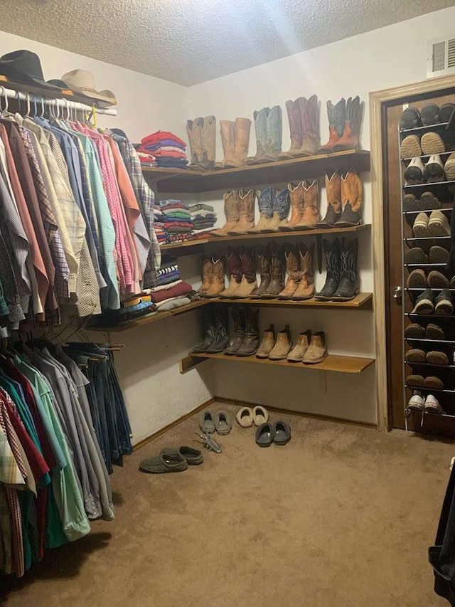 walk in closet with visible vents and carpet flooring