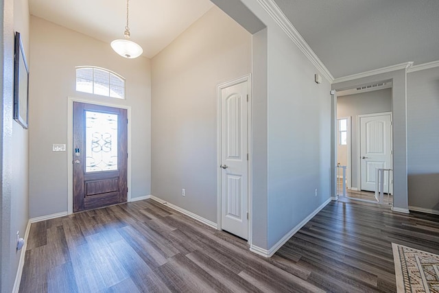 foyer featuring crown molding, dark hardwood / wood-style floors, and a wealth of natural light