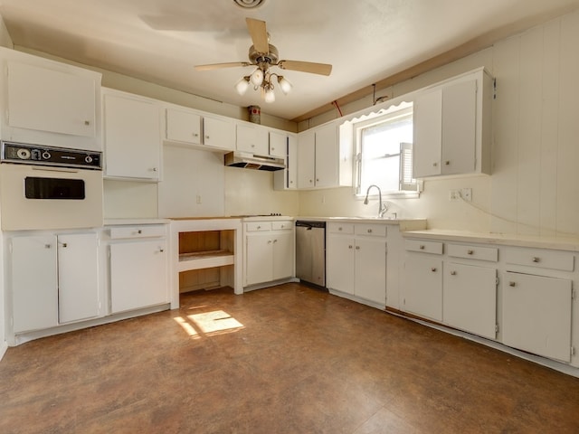 kitchen with stainless steel dishwasher, sink, white oven, and white cabinets