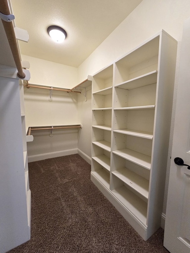 spacious closet featuring dark colored carpet