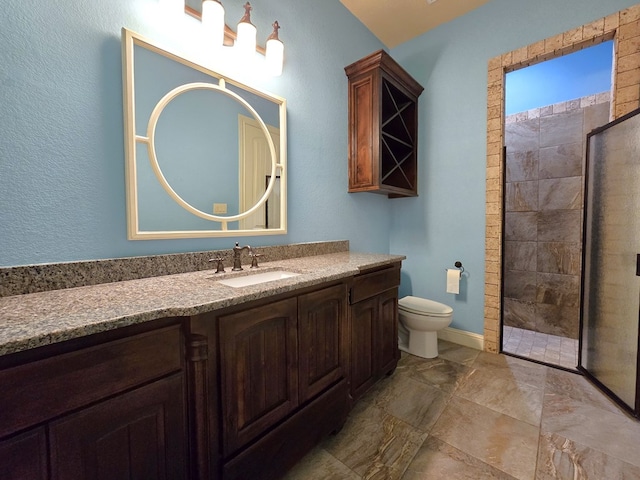 bathroom with toilet, vanity, and walk in shower