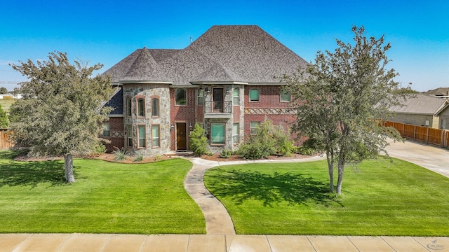 view of front of house with a front yard, brick siding, and fence