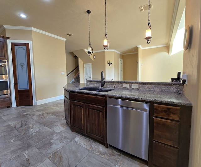 kitchen with dark brown cabinets, stainless steel appliances, ornamental molding, and sink