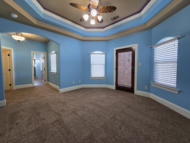 spare room featuring a tray ceiling, plenty of natural light, and ornamental molding