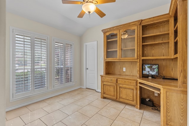 4906 Crista Ln, Midland, TX 79707 - unfurnished office featuring vaulted ceiling, a ceiling fan, and light tile patterned flooring