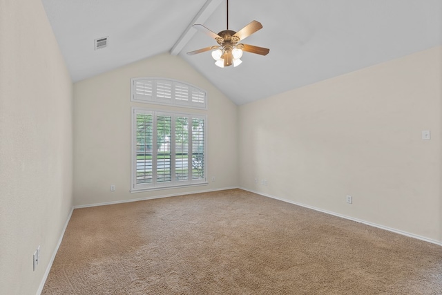 4906 Crista Ln, Midland, TX 79707 - carpeted spare room featuring a ceiling fan, beamed ceiling, and high vaulted ceiling