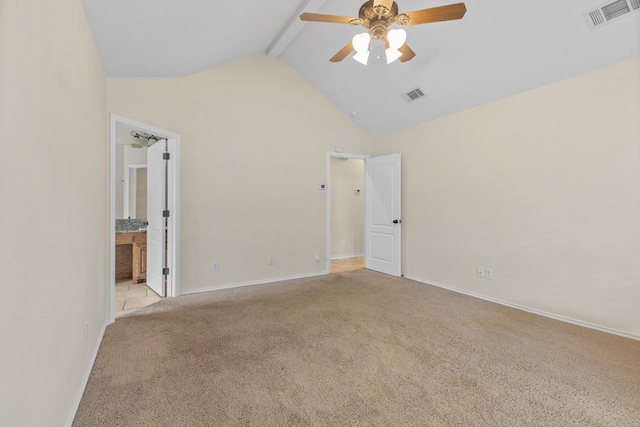 4906 Crista Ln, Midland, TX 79707 - unfurnished bedroom featuring carpet, beam ceiling, high vaulted ceiling, connected bathroom, and a ceiling fan