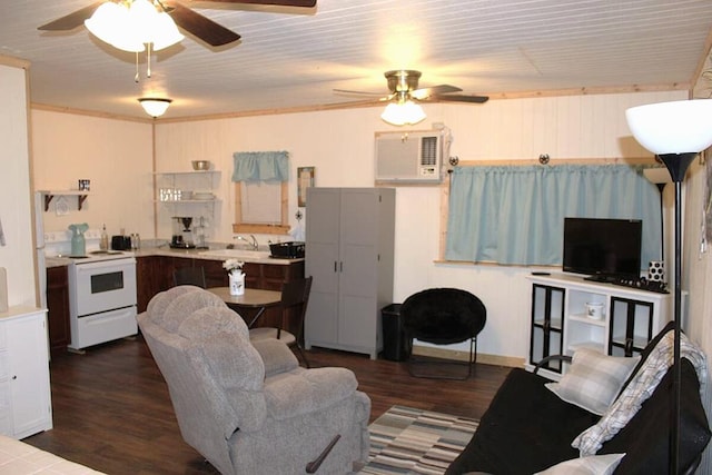 living room featuring dark wood finished floors, a ceiling fan, and a wall mounted air conditioner