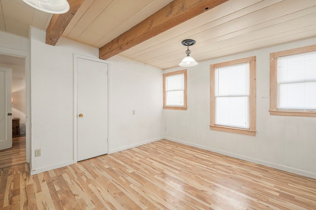 unfurnished bedroom featuring beam ceiling, baseboards, and wood finished floors