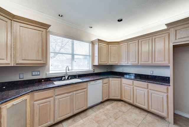 kitchen featuring a sink, dishwasher, light brown cabinets, and ornamental molding