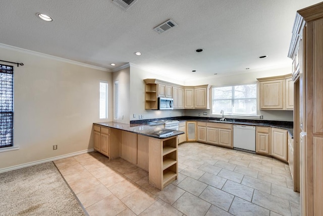 kitchen with open shelves, white appliances, a sink, crown molding, and a peninsula
