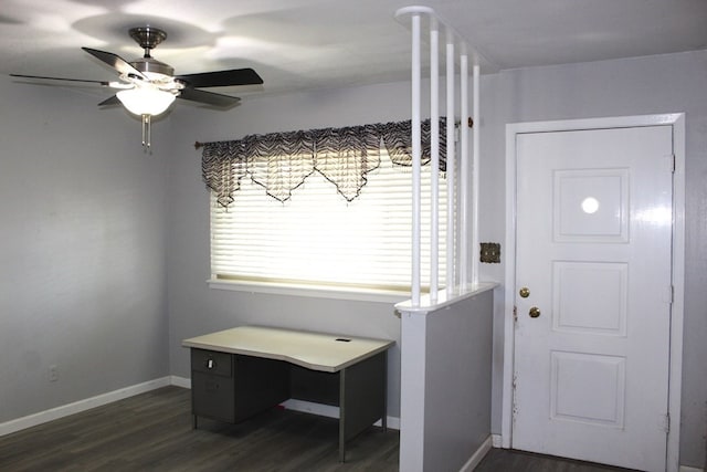 interior space with ceiling fan and dark wood-type flooring