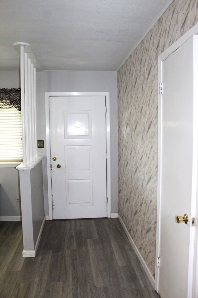 doorway with dark hardwood / wood-style flooring and a textured ceiling