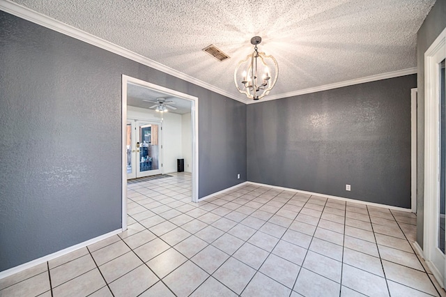 tiled empty room with crown molding, ceiling fan with notable chandelier, and a textured ceiling