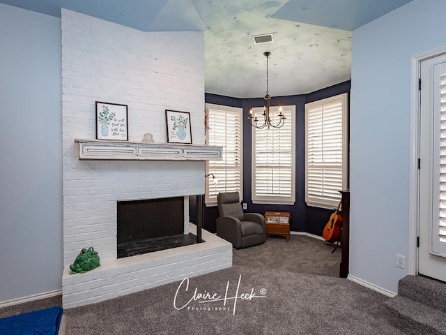 4300 Tumbleweed Trl, Midland, TX 79707 - carpeted living area featuring a fireplace, a chandelier, and baseboards