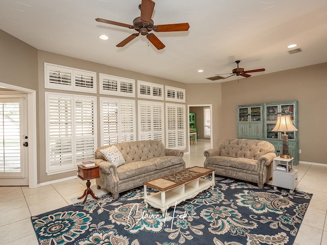 4300 Tumbleweed Trl, Midland, TX 79707 - living room featuring a ceiling fan, tile patterned floors, healthy amount of natural light, recessed lighting, and baseboards